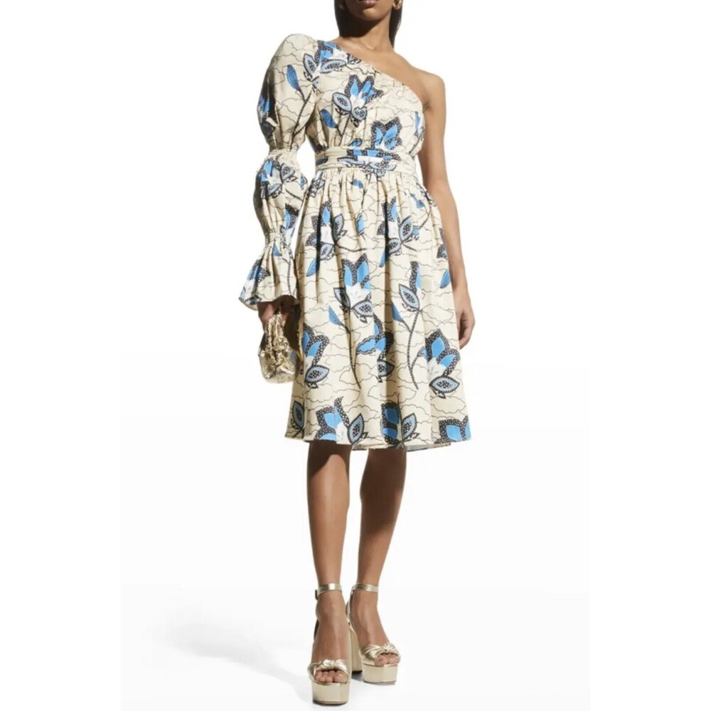 NWT Autumn Adeigbo Trixie Cream Blue Floral Dress One Shoulder Midi size 6